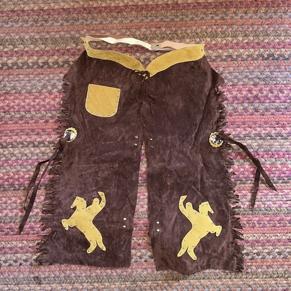 KIDS WESTERN COSTUME SUEDE STUDDED FRINGE COWBOY CHAPS - Picture 1 of 5